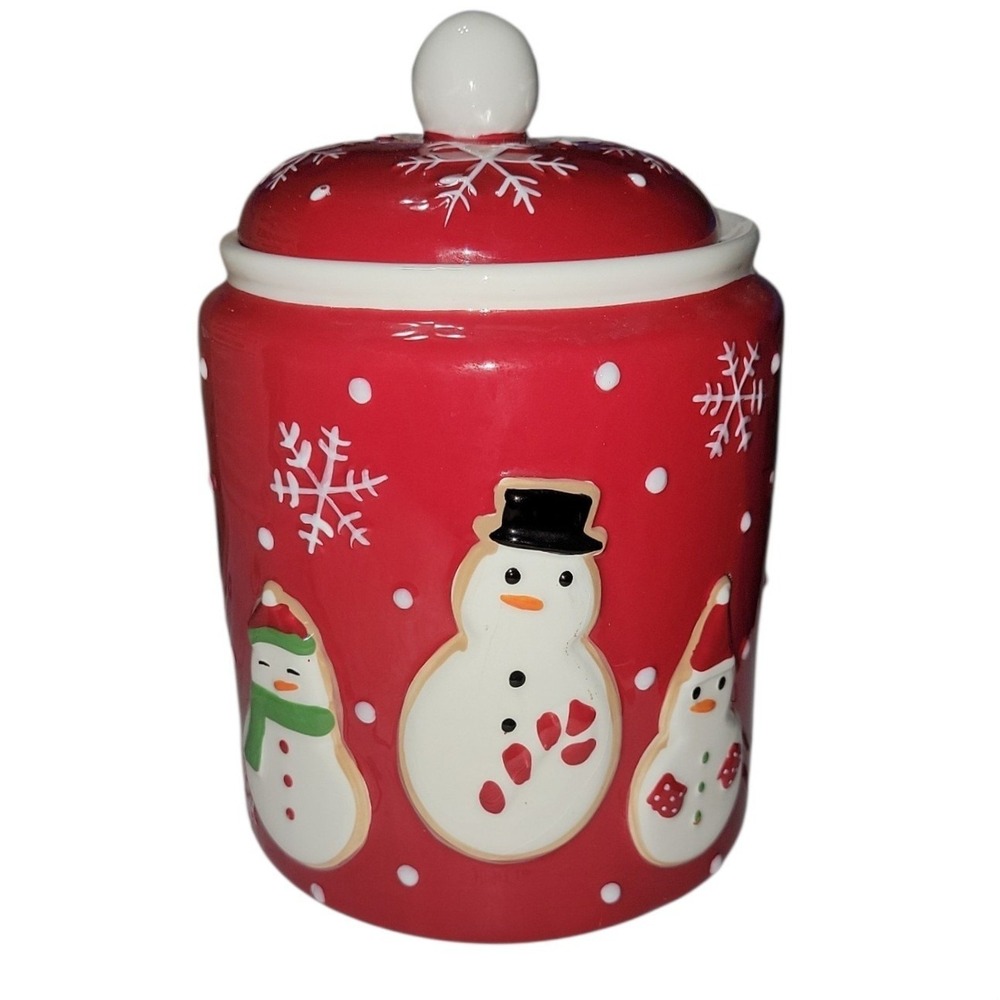 Hallmark Merry Days Red Snowman Cookie Jar Christmas Snowflake Ceramic Canister